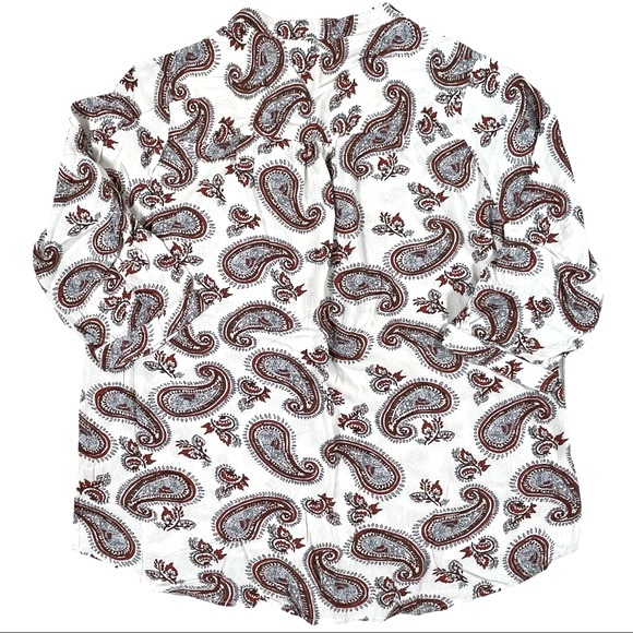 Antilia Femme size large cream red blue paisley 3/4 sleeve top deep Vneck EUC - Picture 7 of 13